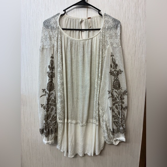 Free People Embroidered Cream Brown Dreams Tunic Blouse Small - Picture 2 of 11